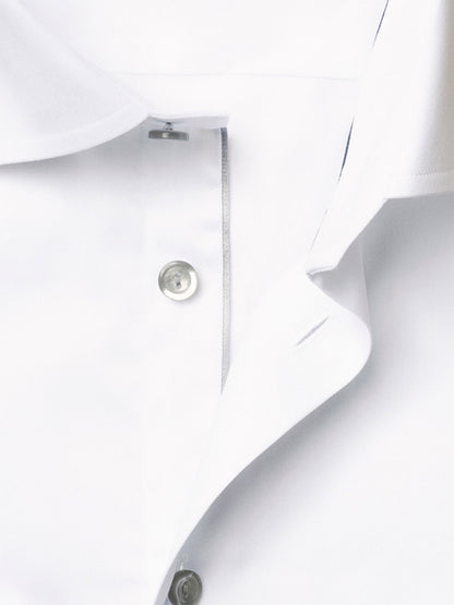 Close-up of the Eton Contemporary Fit White Twill Dress Shirt with Grey Details, featuring its signature twill fabric, buttons, buttonholes, and part of the collar.