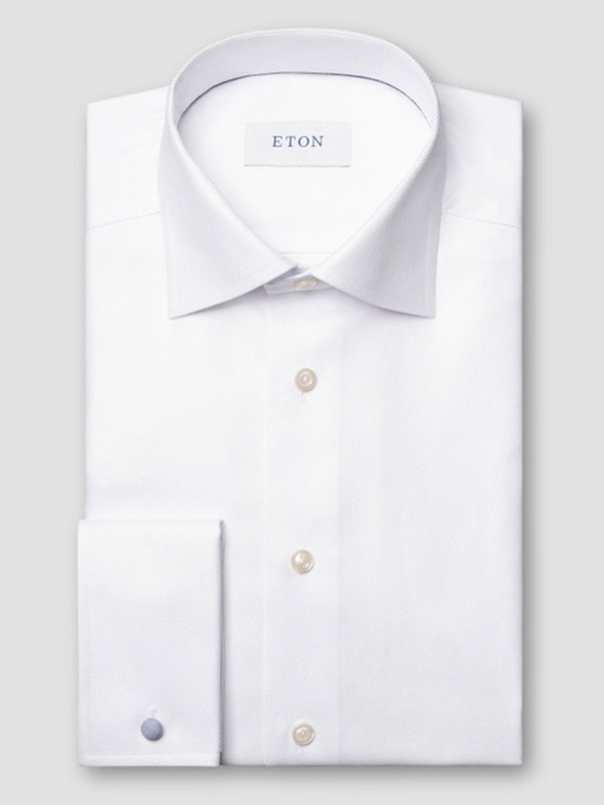 The Eton Slim Fit Solid Textured Twill Dress Shirt in White features a classic collar, button front, and French cuffs.