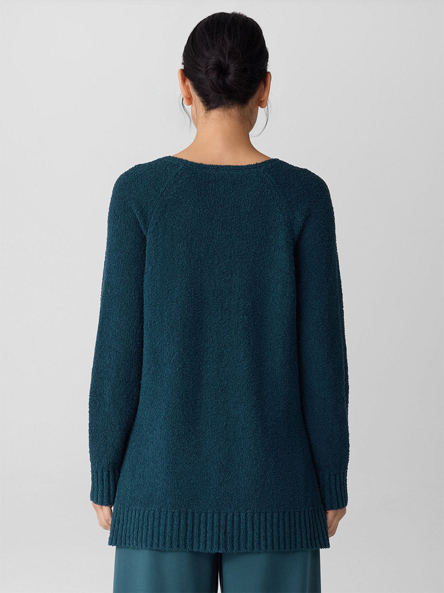 A person with dark hair tied back is seen from the back wearing the Eileen Fisher Cotton Fluff V-Neck Top in Alpine, paired with teal pants, against a plain light background.