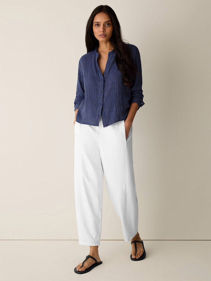 Striped Organic Cotton Gauze Band Collar Shirt in Deep Dive