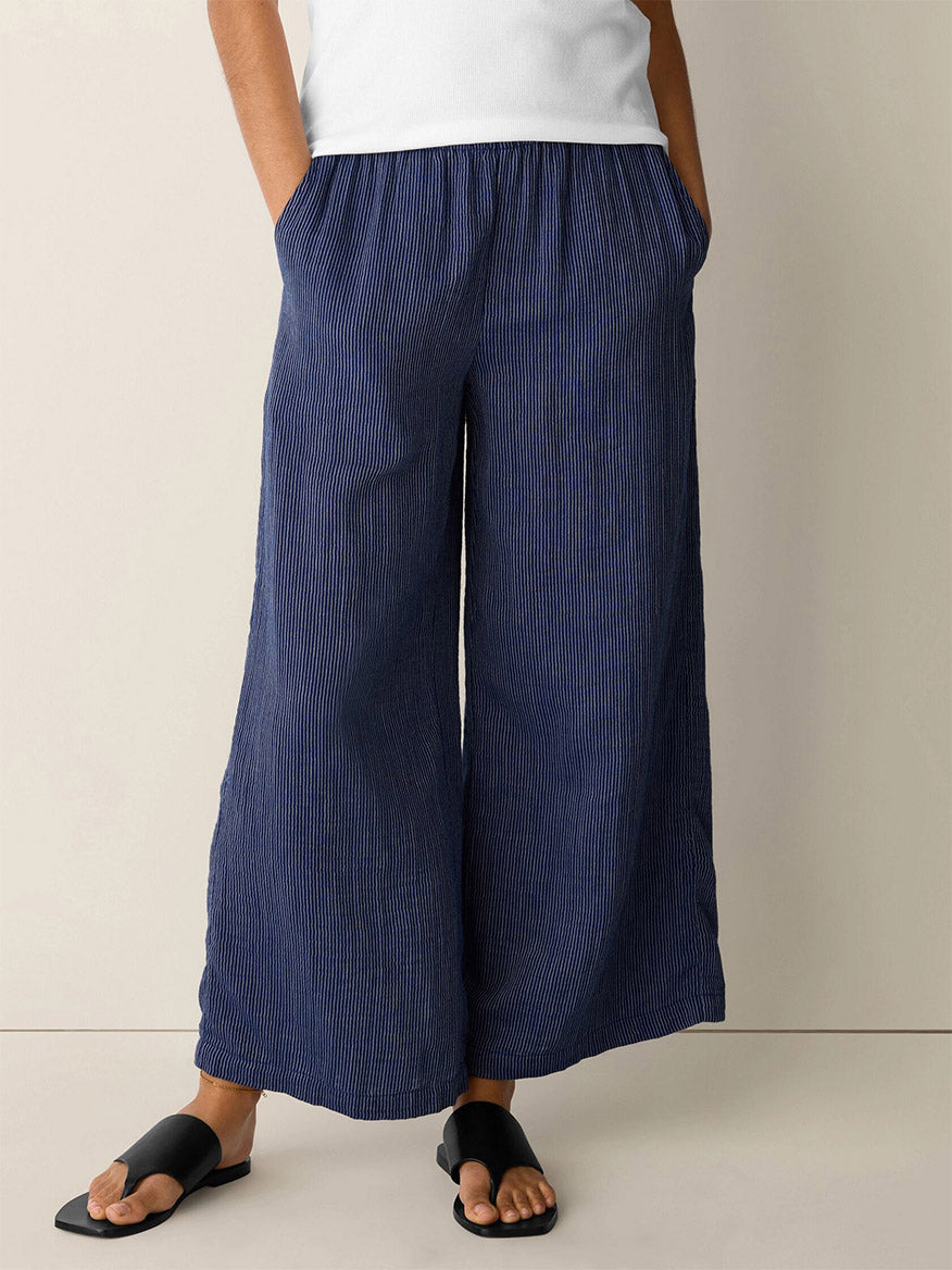 Person wearing Eileen Fisher Striped Organic Cotton Gauze Wide-Leg Pant in Deep Dive, paired with a white top and black sandals, standing against a plain background.