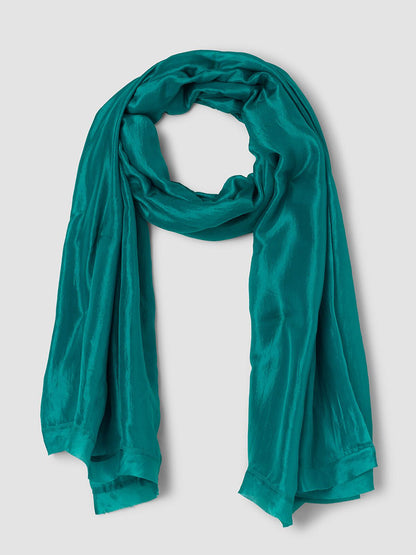 Eileen Fisher Washed Organic Silk Scarf in Teal, lightweight and sustainably made, shown flat on a light grey background.