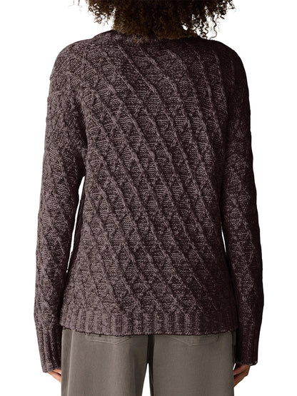 Back view of an Eileen Fisher Peruvian Cotton Boucle Fluff Turtleneck in Coffee, featuring a long-sleeved, brown organic cotton design with a textured, diagonal diamond knit pattern.