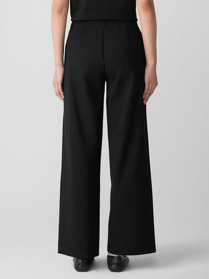A person faces away, wearing the Eileen Fisher Washable Flex Ponte Wide Trouser Pant in Black and black shoes, set against a plain light gray background.