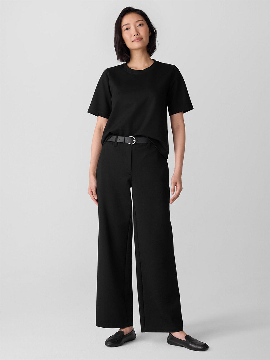 A person stands against a plain background, wearing a black short-sleeve t-shirt, Eileen Fisher Washable Flex Ponte Wide Trouser Pant in Black with a belt, and black slip-on shoes.