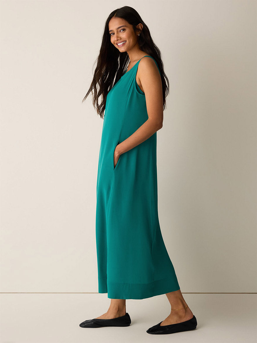 Eileen Fisher Silk Crepe de Chine Easy Dress in Teal