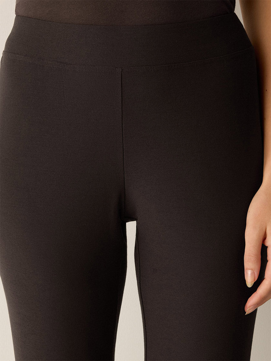 Eileen Fisher Washable Stretch Crepe Slim Pant in Coffee, featuring dark brown slim-fit stretch crepe with an elastic waistband.