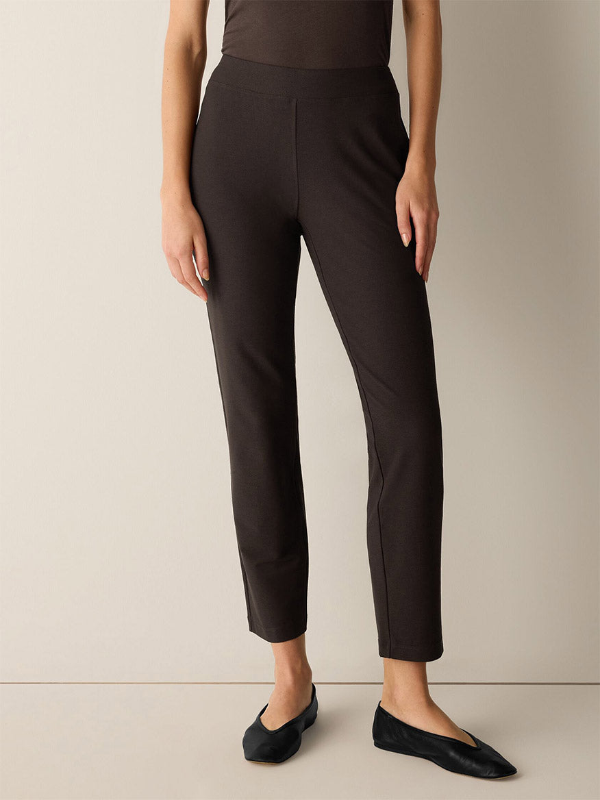 Eileen Fisher Washable Stretch Crepe Slim Pant in Coffee: dark brown slim-fit ankle pants in stretch crepe with a flat waistband.