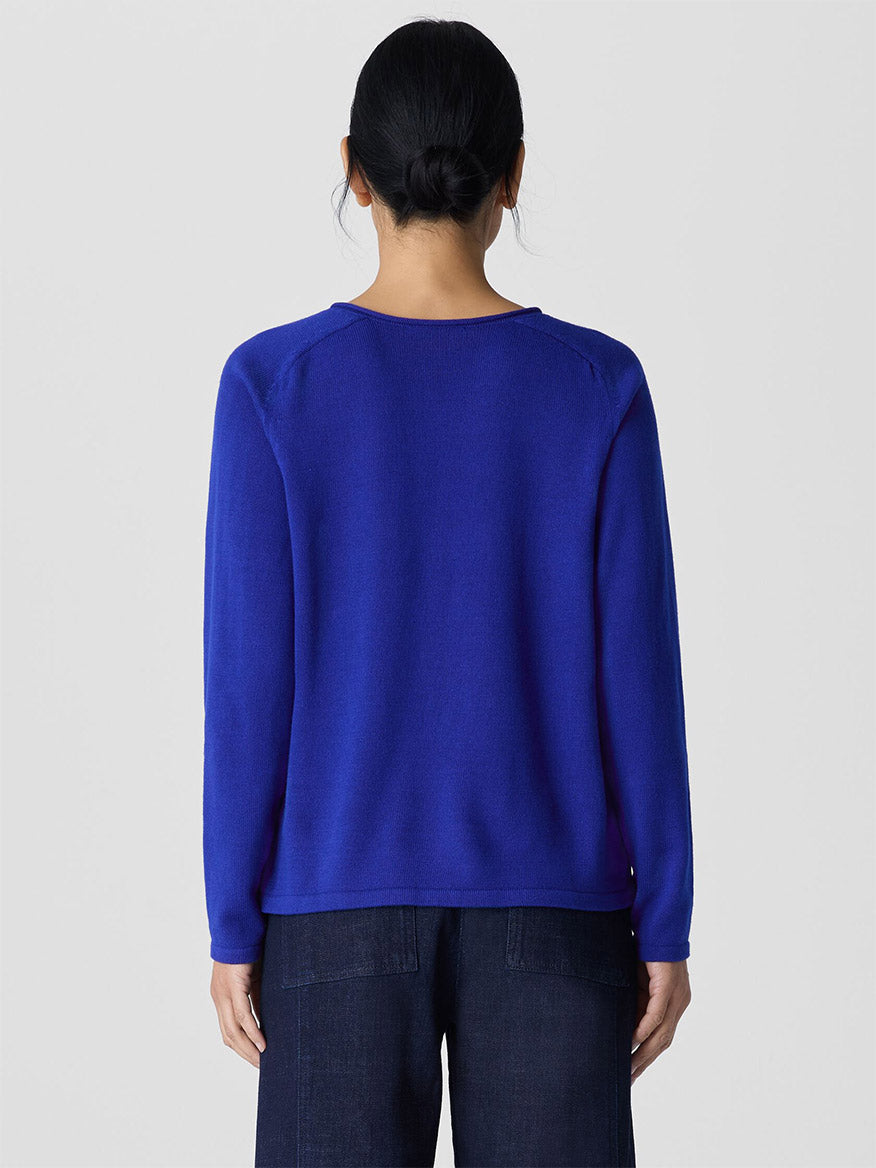 A person with dark hair in a low bun stands facing away, wearing an Eileen Fisher Peruvian Cotton Blend V-Neck Top in Lapis and dark pants.