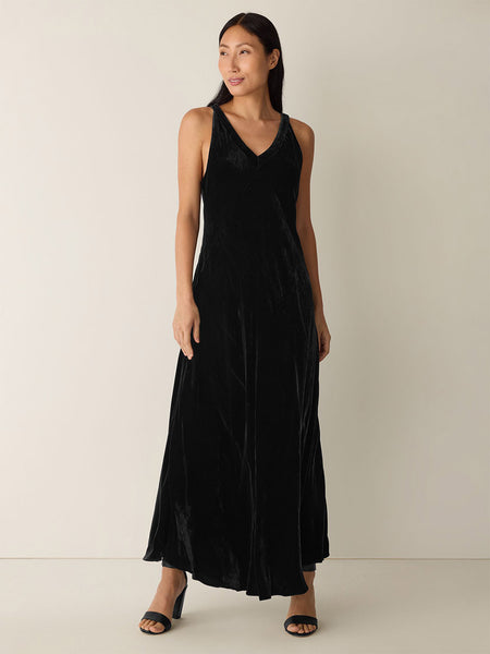 Eileen Fisher Velvet V-Neck Dress in Black, L