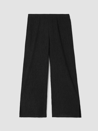 Eileen Fisher Woven Plissé Wide-Leg Pant in Black, featuring a high-waisted design and sleek texture, displayed on a white background.