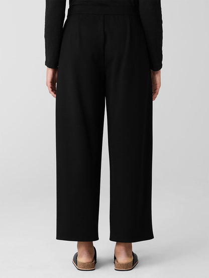 A person stands against a plain light gray background, wearing Eileen Fisher's Washable Flex Ponte Wide-Leg Pant in black paired with cork-sole black shoes.