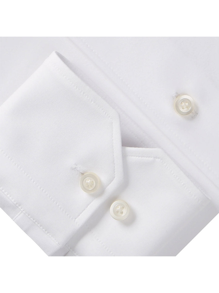 Close-up of the Emanuel Berg Modern 4Flex Stretch Knit Dress Shirt in White, highlighting its buttoned cuffs and wrinkle-resistant buttons, designed with a 4-way stretch fabric for ultimate comfort.