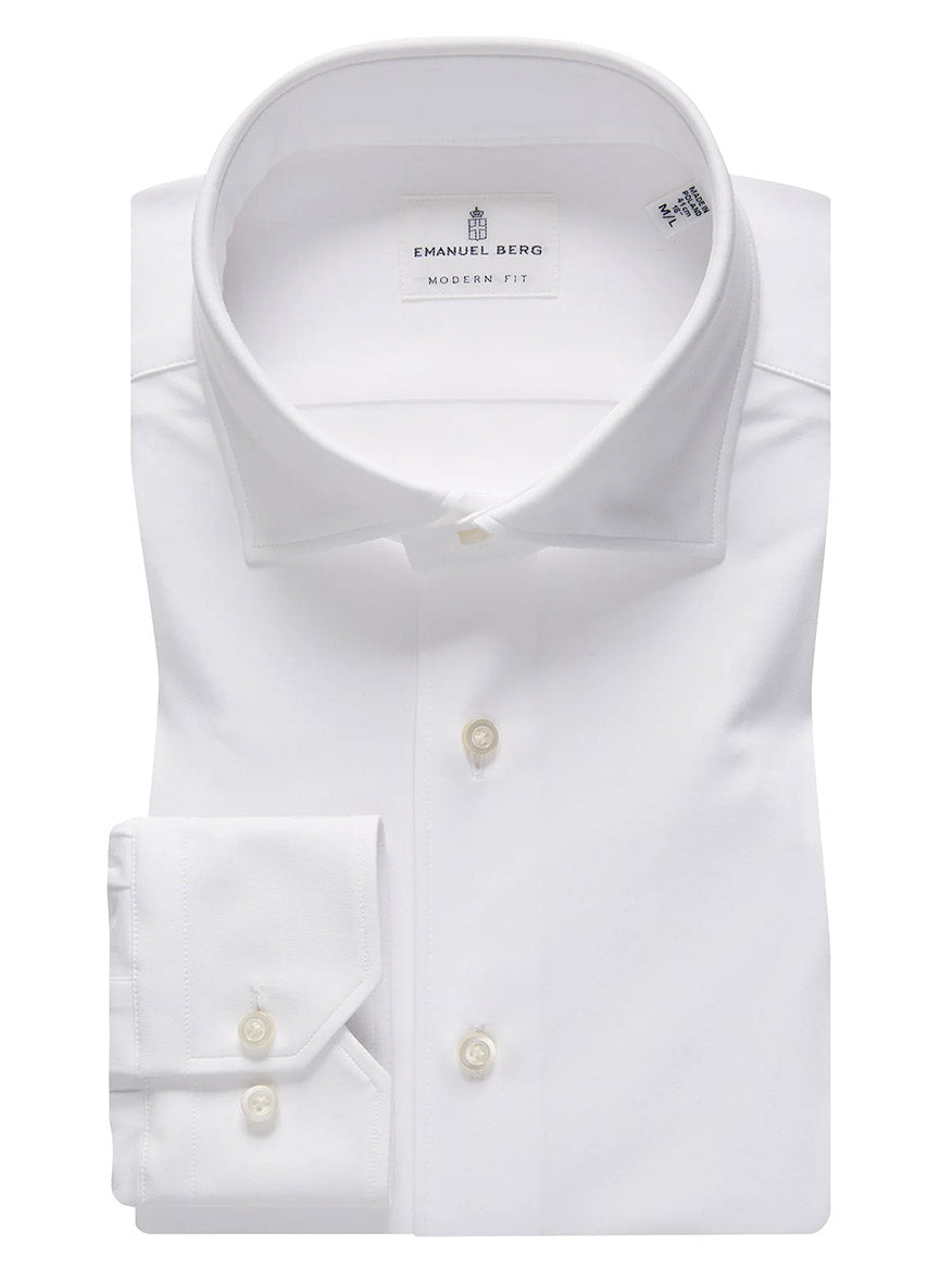 Emanuel Berg Modern 4Flex Stretch Knit Dress Shirt in White features a classic collar, buttoned front, and folded sleeves, crafted from wrinkle-resistant 4-way stretch fabric for comfort and ease of movement.