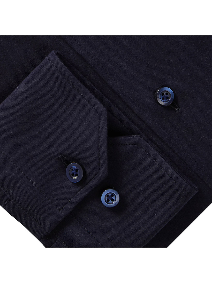 Close-up of the Emanuel Berg Modern 4Flex Stretch Knit Dress Shirt in Navy, featuring two buttoned pockets.