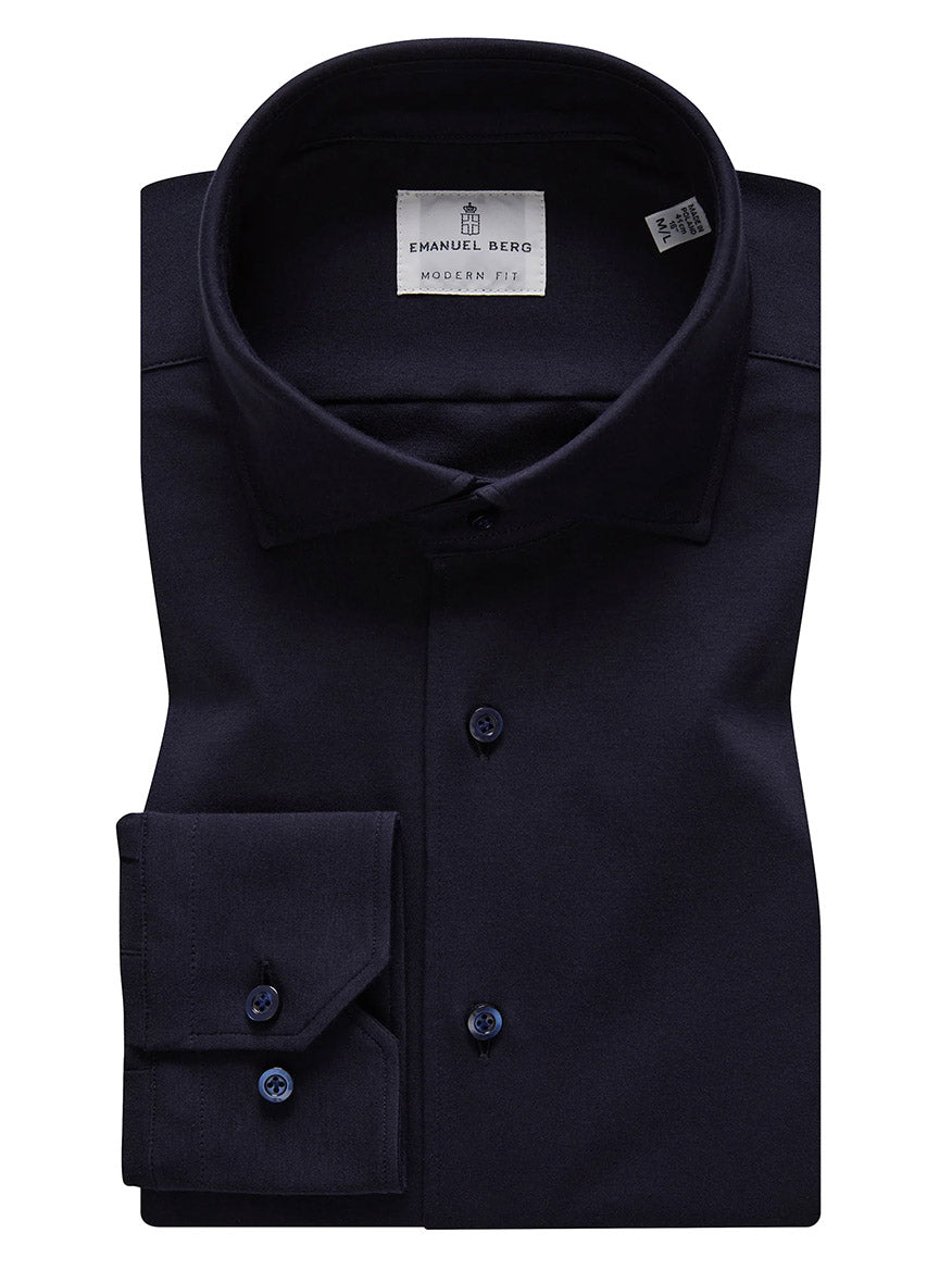 Dark navy dress shirt featuring a folded collar and sleeves, crafted with 4Flex fabric for a wrinkle-resistant finish. The buttons enhance its elegance, while the label reads "Emanuel Berg Modern Fit.