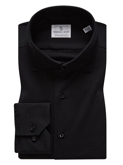 A neatly folded Emanuel Berg Modern 4Flex Stretch Knit Dress Shirt in black with a modern fit, featuring the label on the collar.