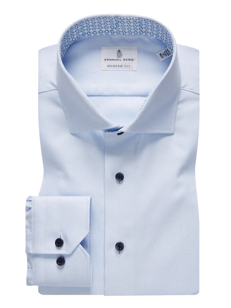 Emanuel Berg Modern Fit Dress Shirt in powder blue textured twill, with navy buttons and a subtly patterned inner collar, folded neatly for a casual yet sophisticated look.