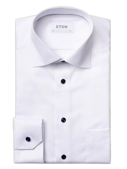 An Eton Classic Fit White Twill Dress Shirt with Navy Details.