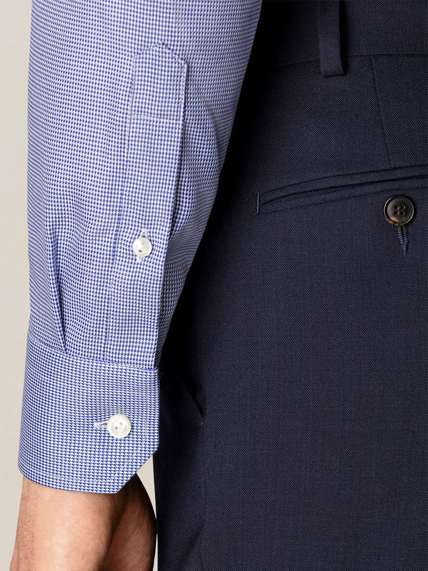 A man is wearing an Eton Contemporary Fit Mid Blue Patterned Twill Dress Shirt.