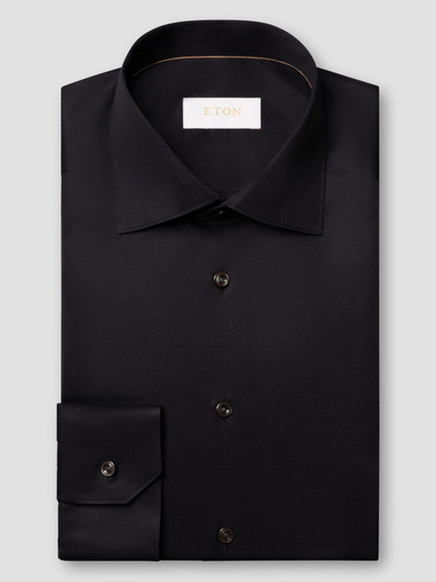 Eton Contemporary Fit Solid Elevated Twill Dress Shirt in black organic Supima cotton with a spread collar, button-down front, and mitered cuffs.