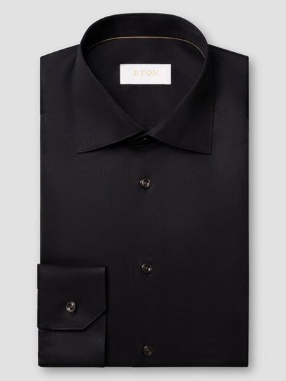 Eton Contemporary Fit Solid Elevated Twill Dress Shirt in black organic Supima cotton with a spread collar, button-down front, and mitered cuffs.