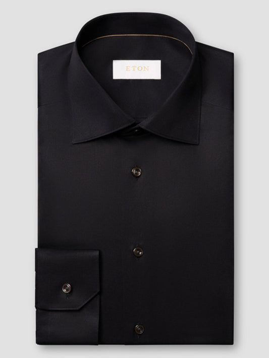 Eton Contemporary Fit Solid Elevated Twill Dress Shirt in black organic Supima cotton with a spread collar, button-down front, and mitered cuffs.