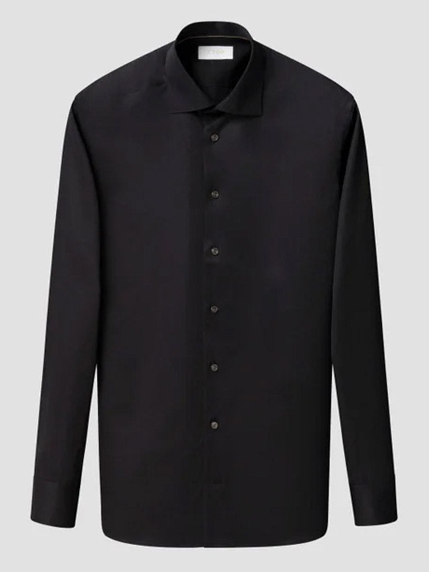 Black Eton Contemporary Fit Solid Elevated Twill Dress Shirt in organic Supima cotton with long sleeves, crease-resistant fabric, and a spread collar.