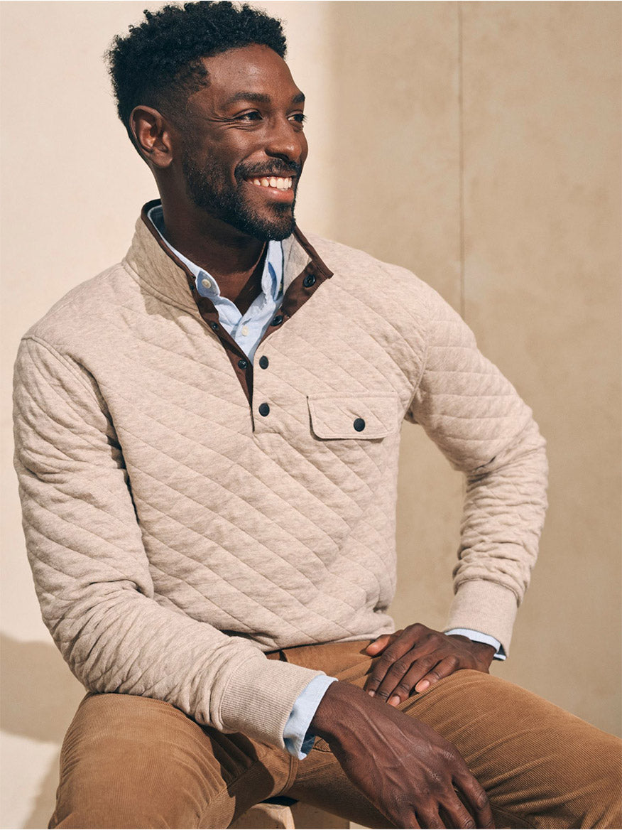 Faherty Brand Epic Quilted Fleece Pullover in Oatmeal Melange