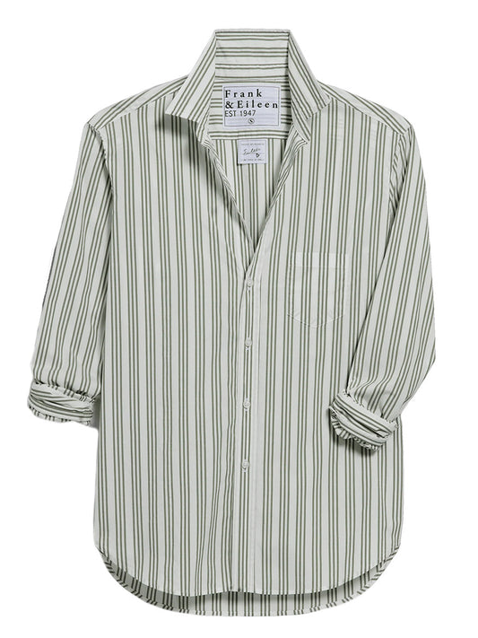 The Frank & Eileen Eileen Relaxed Button-Up Shirt in Army Green & Beige Stripe features a relaxed fit, bust-flattering buttons, a front pocket, and rolled sleeves—ideal for effortless California casual style.