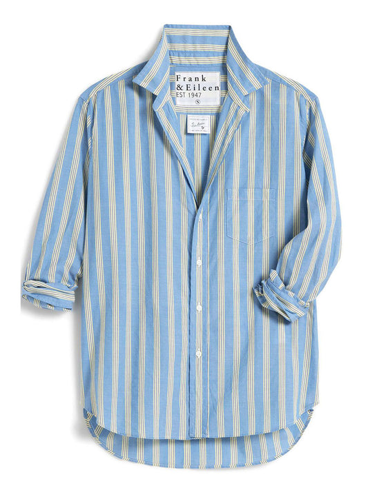Blue and white striped Frank & Eileen Eileen Relaxed Button-Up Shirt in Blue & Yellow Multi Stripe with rolled-up sleeves and a label reading "frank & eileen est 1947" visible inside the collar.