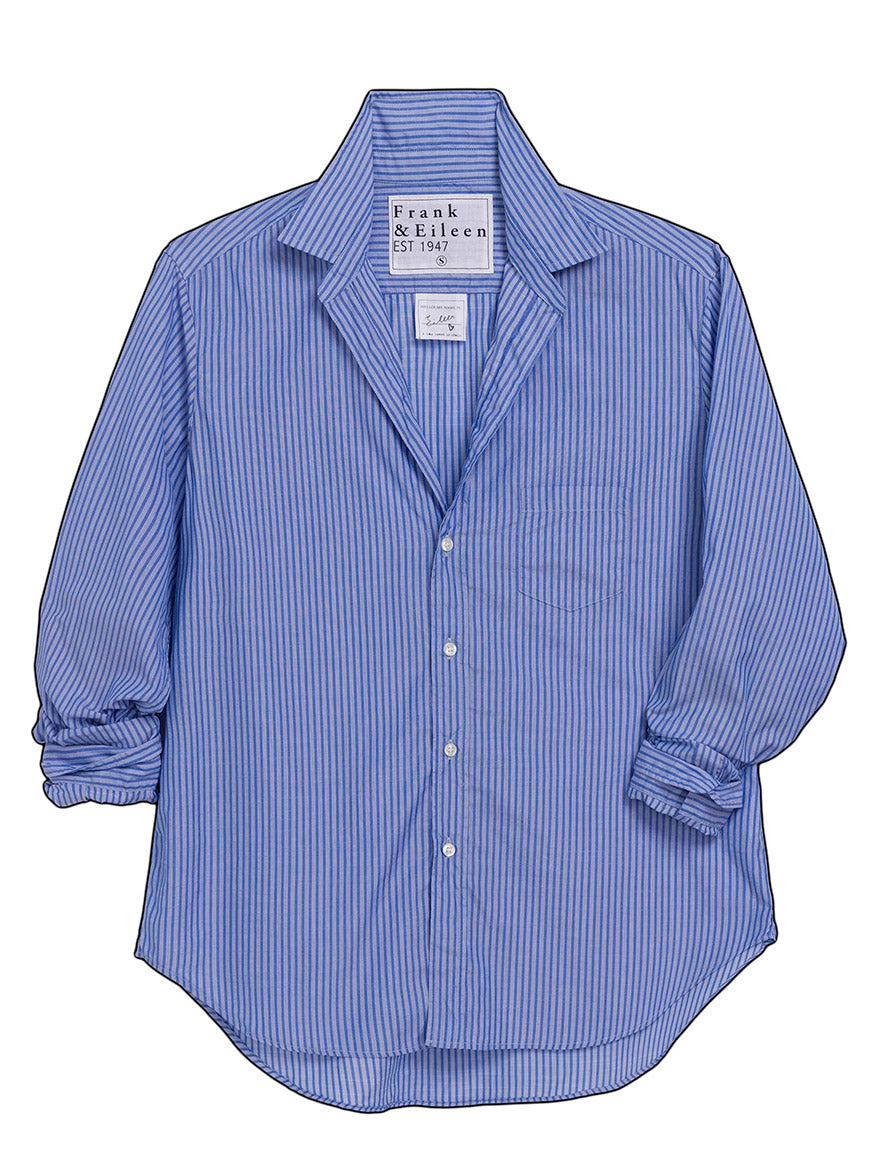 The Frank & Eileen Eileen Relaxed Button-Up Shirt in Blue on Blue Stripe features a relaxed fit, rolled sleeves, spread collar, and chest pocket for effortless California style—shown laid flat on a white background.