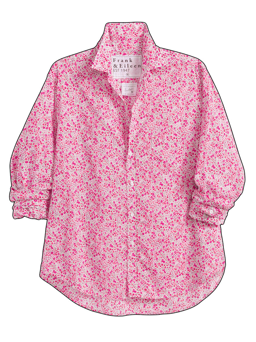 The Frank & Eileen Eileen Relaxed Button-Up Shirt in Pink Flowers features a pink and white floral print, collar, cuffs, and relaxed fit for effortless California style—displayed on a white background.