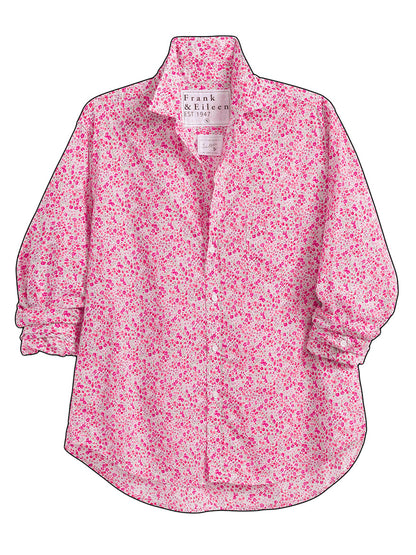 The Frank & Eileen Eileen Relaxed Button-Up Shirt in Pink Flowers features a pink and white floral print, collar, cuffs, and relaxed fit for effortless California style—displayed on a white background.
