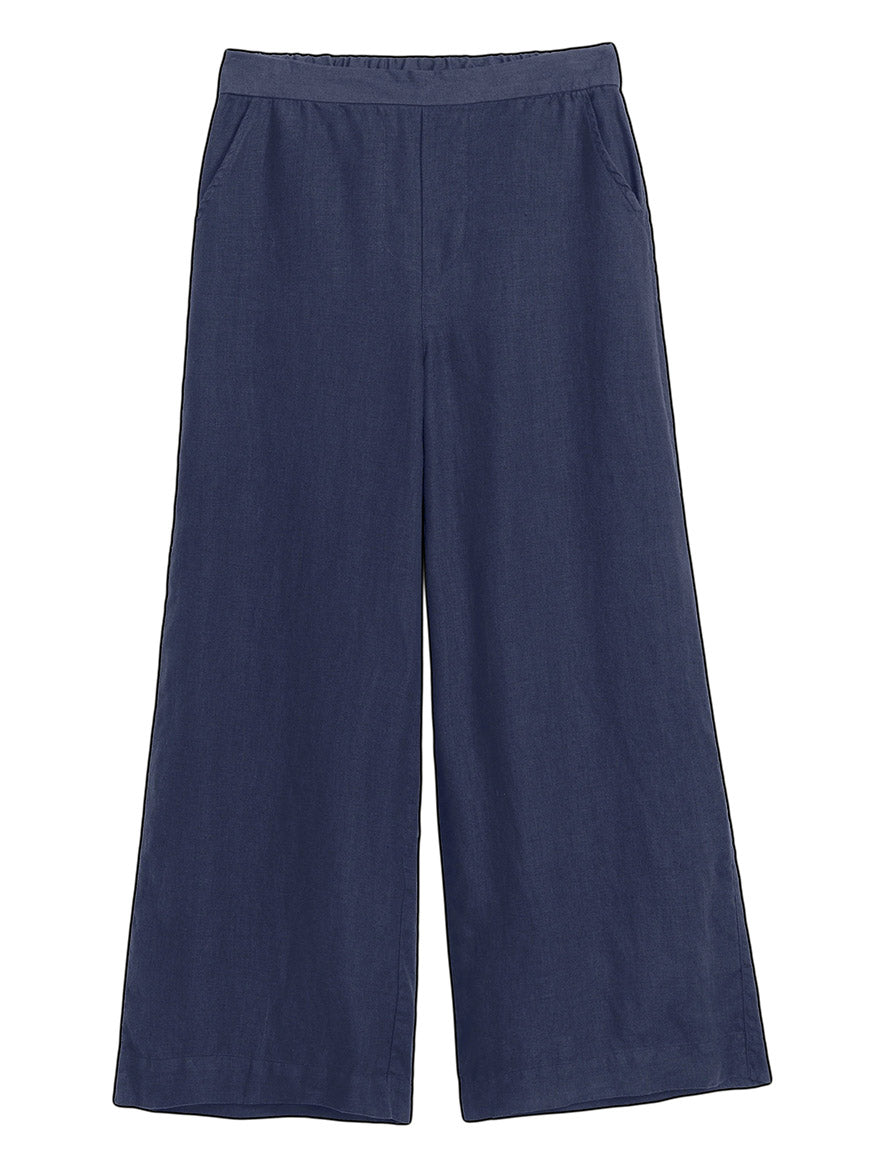 Frank & Eileen Maisie Wide-Leg Pull-On Pant in Navy Washed Linen features front pockets, a relaxed silhouette, and lightweight fabric, displayed laid flat on a white background.