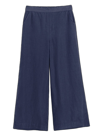Frank & Eileen Maisie Wide-Leg Pull-On Pant in Navy Washed Linen features front pockets, a relaxed silhouette, and lightweight fabric, displayed laid flat on a white background.