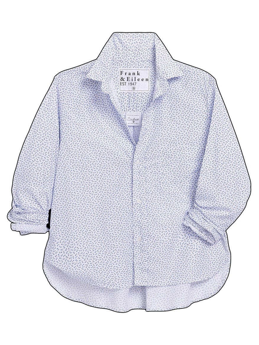 The Frank & Eileen Silvio Untuckable Button-Up Shirt in Tiny Flowers features a light blue floral pattern, long sleeves, a collar, and modern details—perfect for a contemporary look.