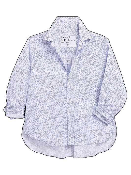 The Frank & Eileen Silvio Untuckable Button-Up Shirt in Tiny Flowers features a light blue floral pattern, long sleeves, a collar, and modern details—perfect for a contemporary look.