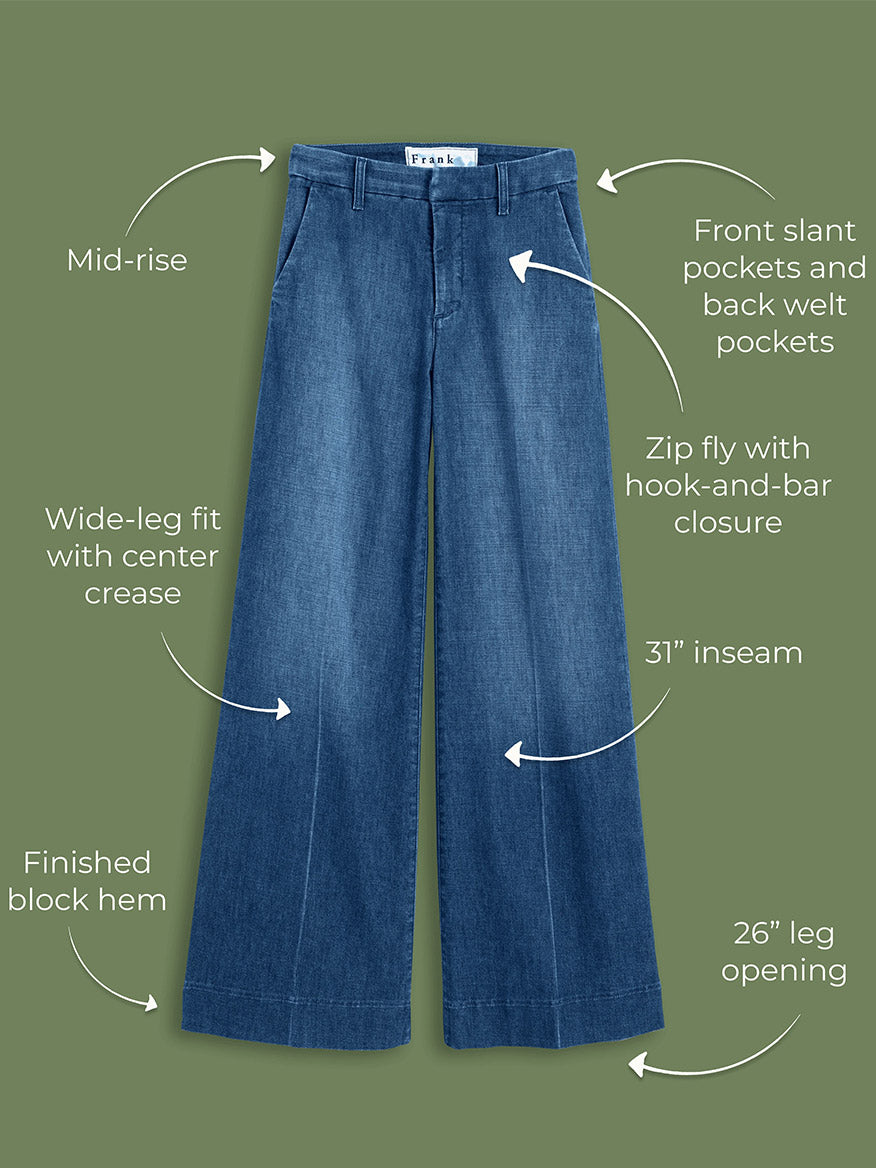 Frank & Eileen West Village NYC Wide-Leg Trouser in 1984 Wash: blue, wide-leg jeans with a mid-rise, zip fly, front and back pockets, center crease, finished hem; 31" inseam, 26" leg opening. Shown on an olive green background.
