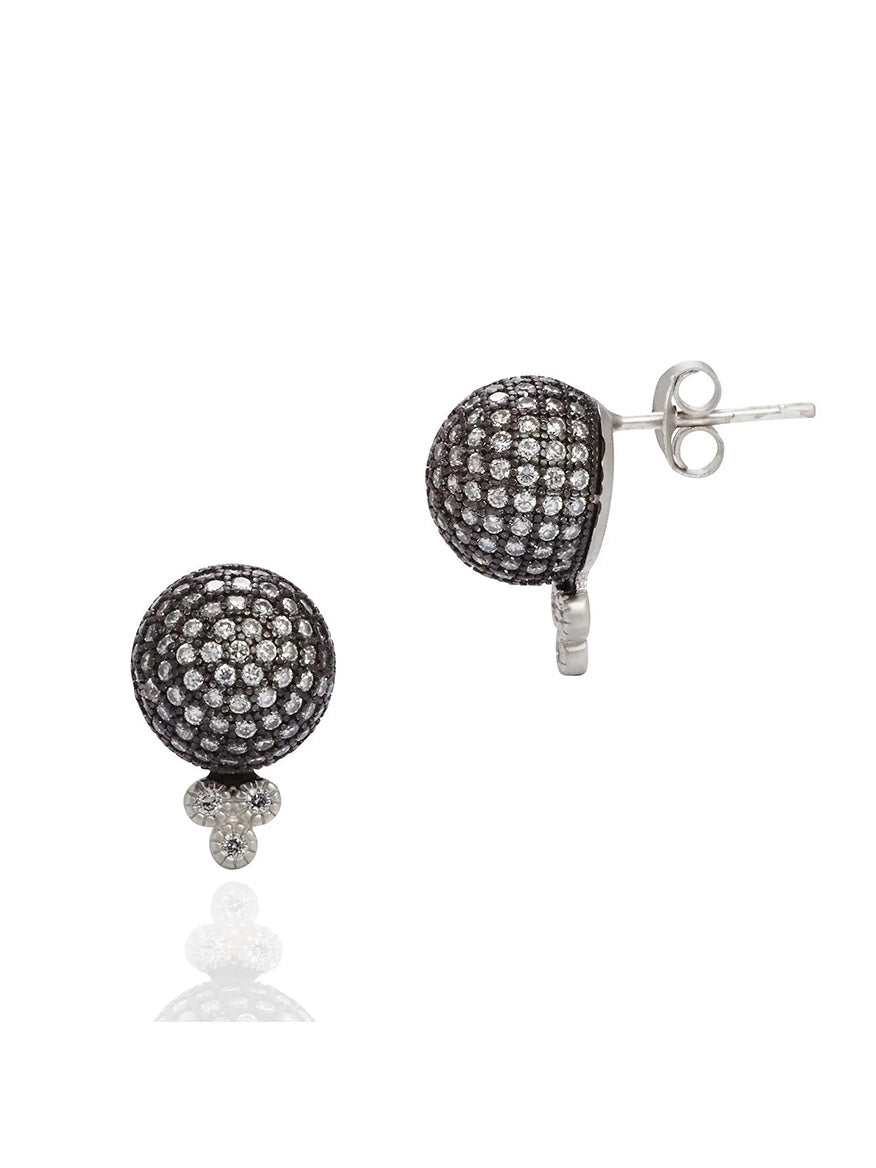 A pair of Freida Rothman Pavé Ball Stud Earrings in Black & Silver with post closures, displayed against a white background.