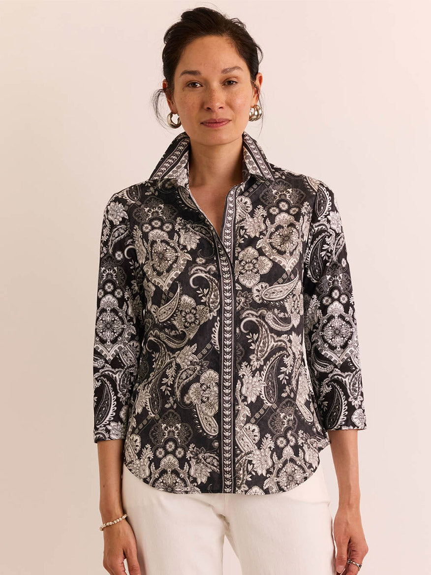 Lizette 3/4 Sleeve Top in Black Paisley | Hinson Wu