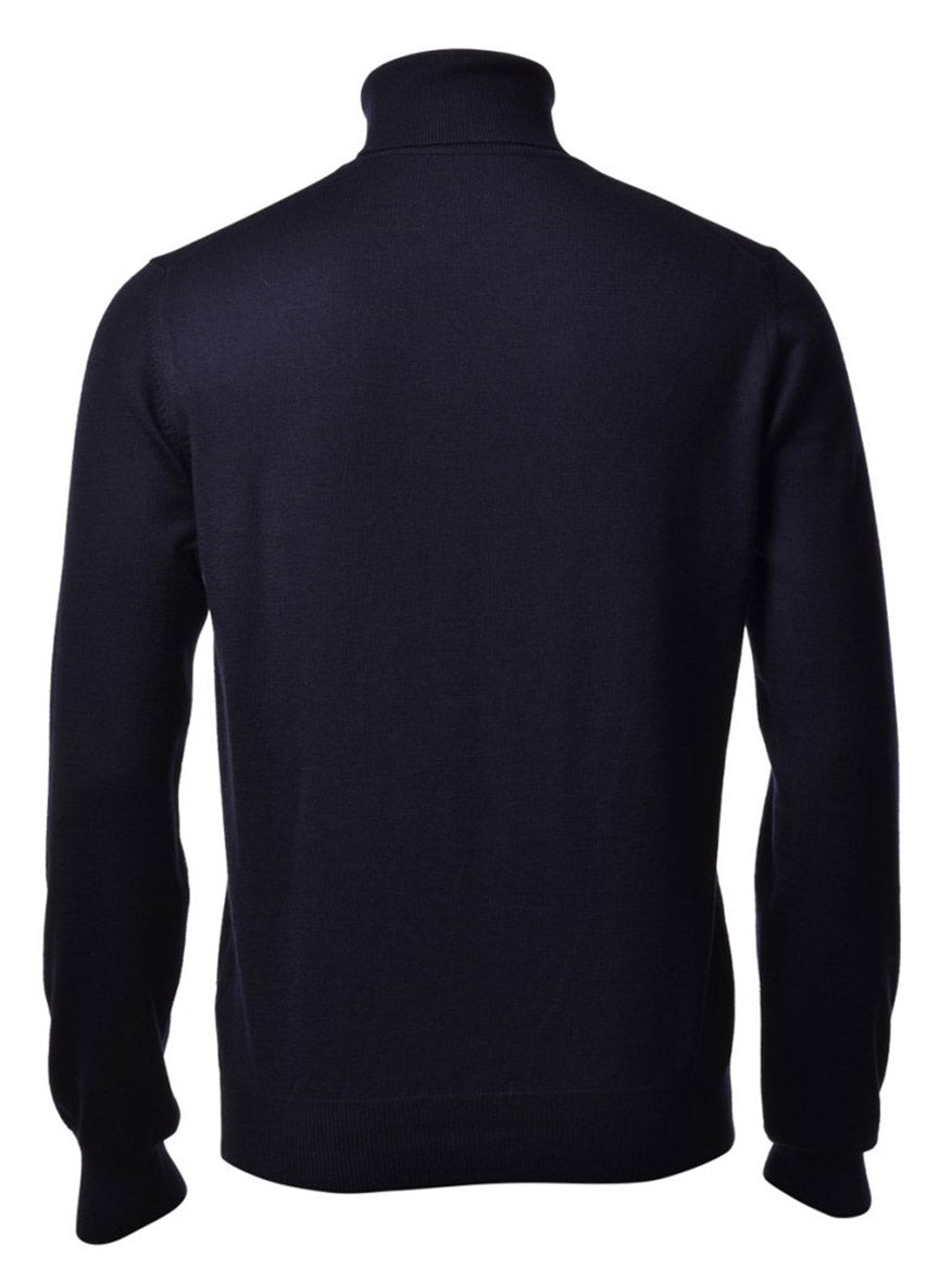 The description of a Gran Sasso Solid Merino Turtleneck in Navy, made of merino wool fabric.