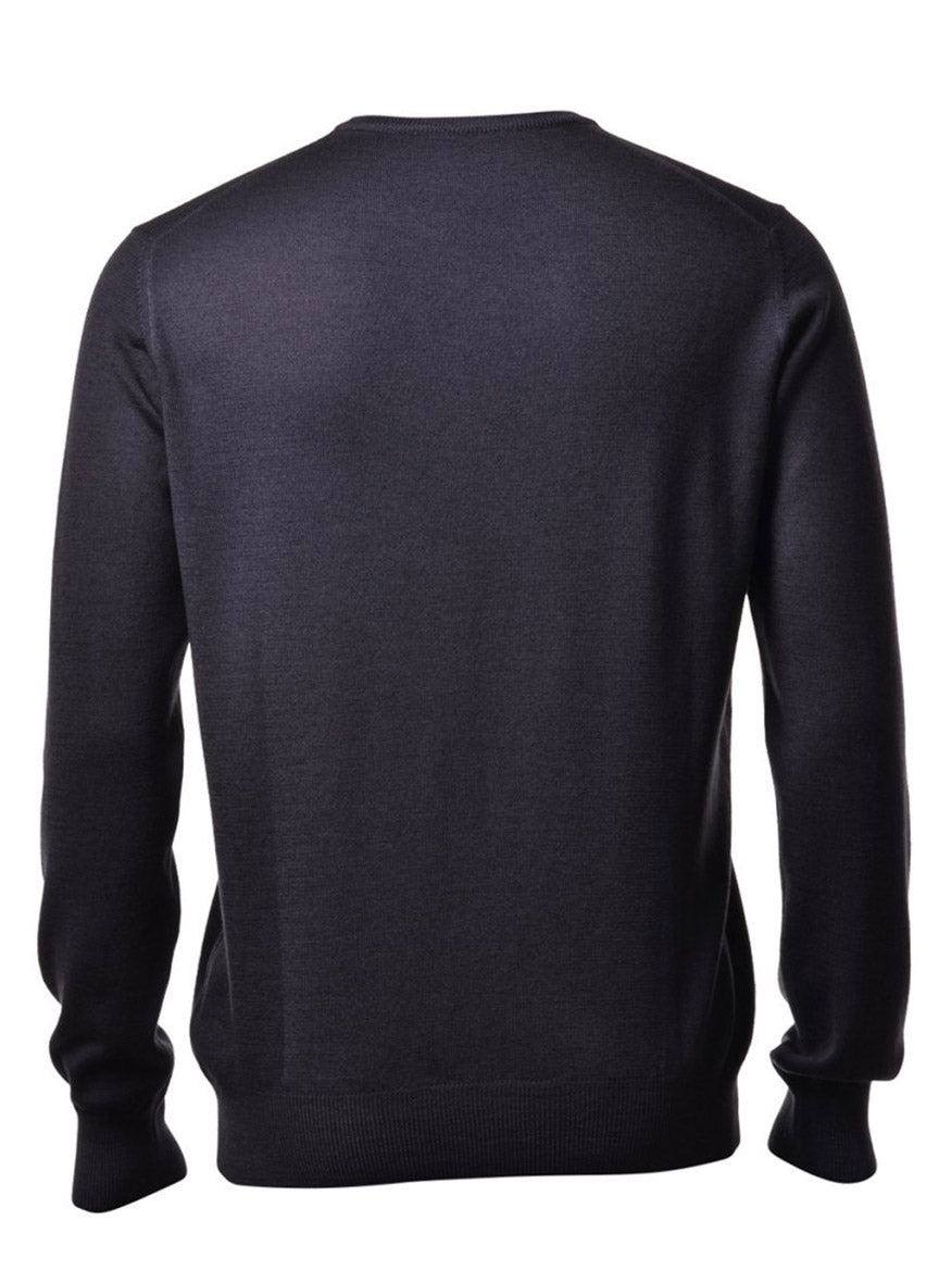 Back view of a Gran Sasso Vintage Wash Extrafine Merino V-Neck in Charcoal made in Italy with a round neckline and long sleeves.