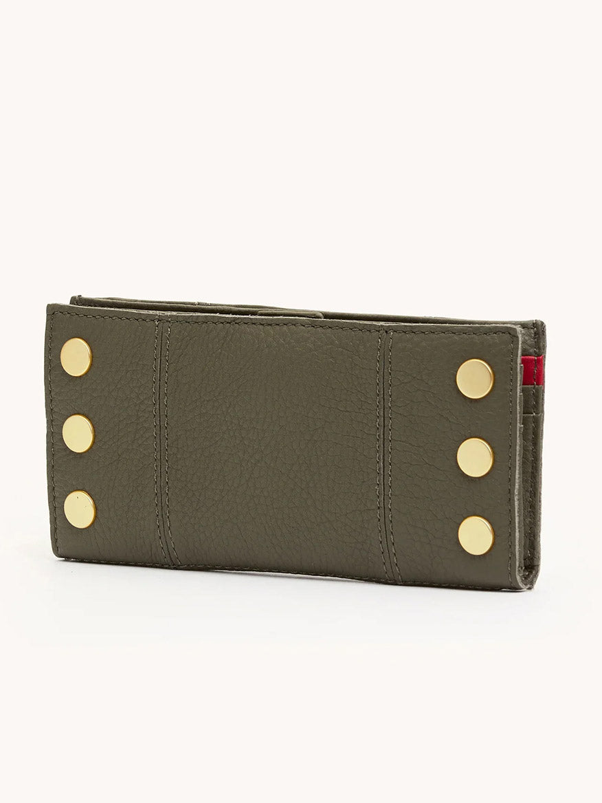 The Hammitt Los Angeles 110 North Wallet in Olive/Brushed Gold is a rectangular folding wallet made of olive green pebble leather, featuring six gold metal studs on one side, shown closed against a plain backdrop.