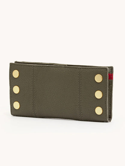 The Hammitt Los Angeles 110 North Wallet in Olive/Brushed Gold is a rectangular folding wallet made of olive green pebble leather, featuring six gold metal studs on one side, shown closed against a plain backdrop.