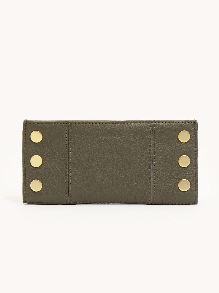 The Hammitt Los Angeles 110 North Wallet in Olive/Brushed Gold is a rectangular folding wallet in green pebble leather with six round gold buttons and multiple credit card slots for organized storage.