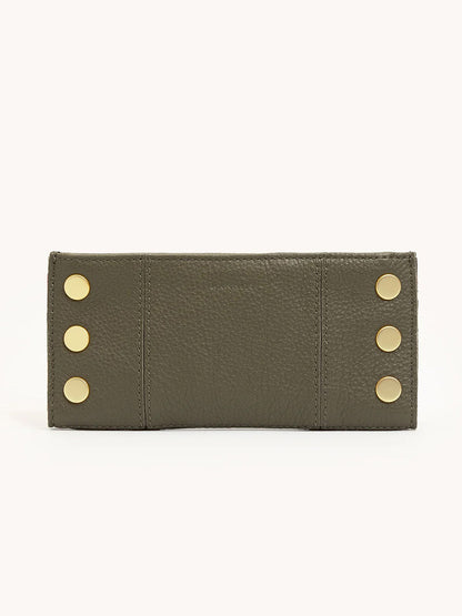 The Hammitt Los Angeles 110 North Wallet in Olive/Brushed Gold is a rectangular folding wallet in green pebble leather with six round gold buttons and multiple credit card slots for organized storage.