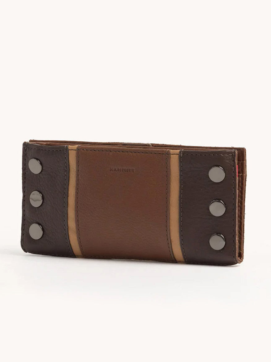 Hammitt Los Angeles 110 North Wallet in Orchestra Brown featuring a brown and black color scheme, crafted from pebbled leather with snap button details.