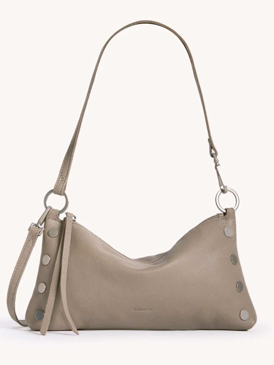 The Hammitt Los Angeles Kyle Shoulder Bag in Pewter Pebble/Brushed Silver features brushed silver studs, a short adjustable strap, and a sleek design—ideal as a chic crossbody or wristlet.