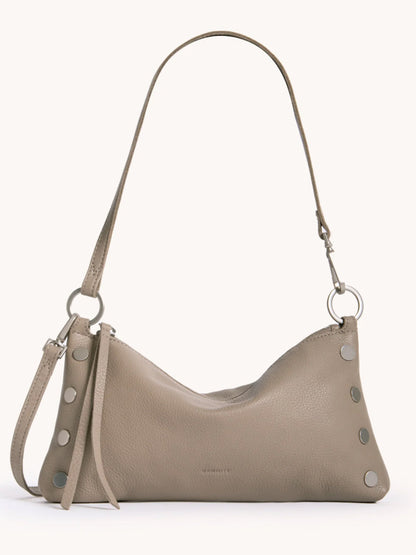 The Hammitt Los Angeles Kyle Shoulder Bag in Pewter Pebble/Brushed Silver features brushed silver studs, a short adjustable strap, and a sleek design—ideal as a chic crossbody or wristlet.